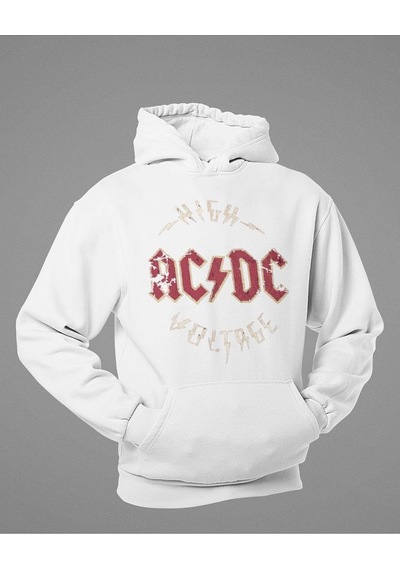 Sevbano High Ac Dc Voltage Yazılı Unisex Oversize Rock Metal Hoodie Beyaz
