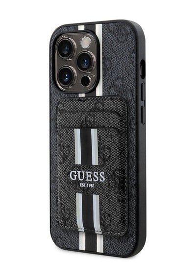 Apple Uyumlu iPhone 14 Pro Max Kılıf Guess Lisanslı Magsafe Özellikli 4g Desenli Çizgili Kartlıklı Kapak Siyah