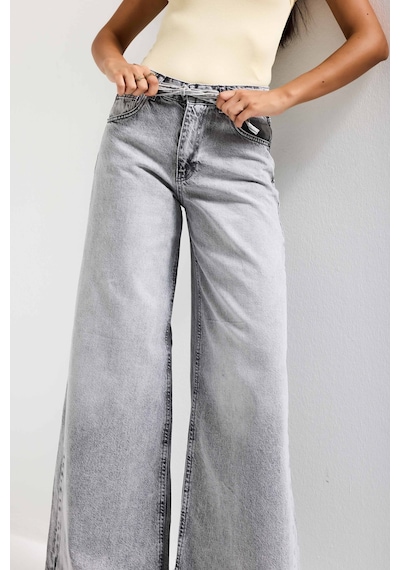 Itsbasic Kadın Gri 4s5-12 Palazzo Fit Bağcıklı %100 Koton Denim Jean