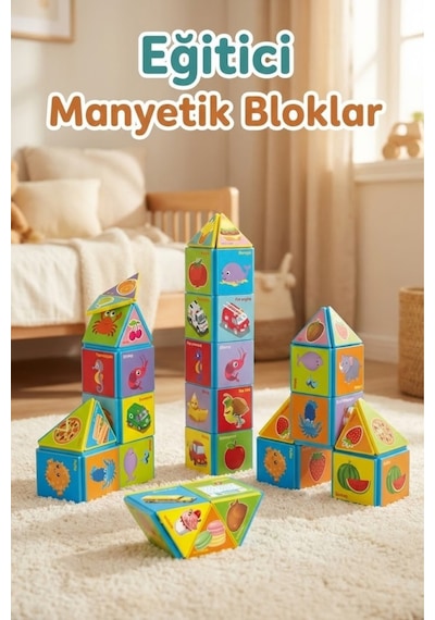 Eğitici Manyetik Bloklar 18 Parça - Mıknatıslı Zeka Küpleri - Montessori Bebek Yapboz Puzzle Seti