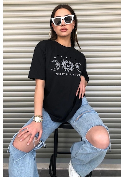 Startmore Bisiklet Yaka Siyah Ay Baskılı Oversize Siyah