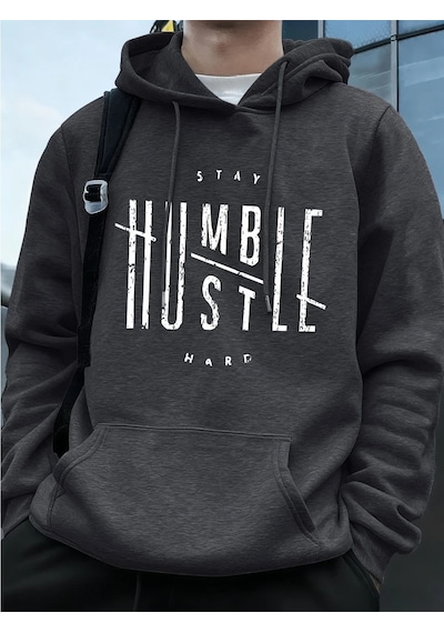 Startmore Stay Humble Hustle Hard Printing Erkekler İçin Kapüşonlu Sweatshirt Sonbahar Polar Sıcak Swea Antrasit