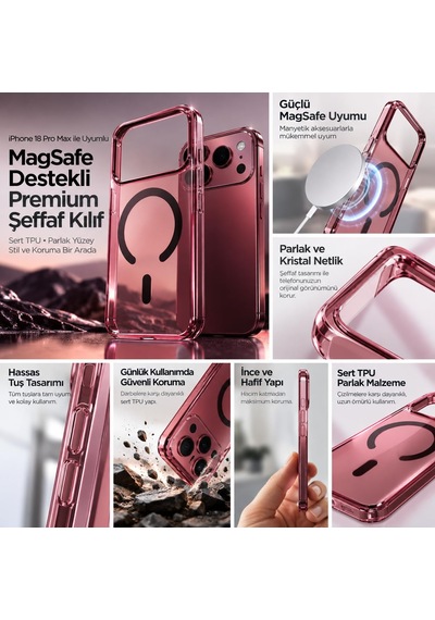 Premium Tpu Şeffaf Bordo Kılıf İphone 18 Pro Max İle Uyumlu Magsafe