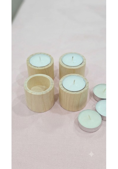 4'lü Doğal Ham Ahşap Tealight Mumluk Seti + 4 Adet Mum Hediyeli