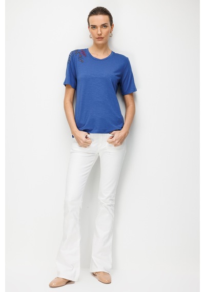 Kadın Sıfır Yaka Tek Omuzu Nakışlı Penye T-shirt İndigo İndigo