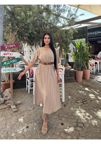 WeShaya Bej Kruvaze Midi Düz Kemerli Elbise Bej