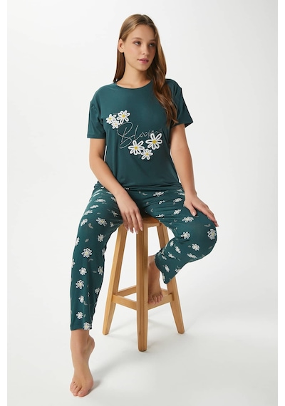 Ritnice Kadın Bloom Yumuşak Doku Yeşil Çiçek İşlemeli Bisiklet Yaka Kısa Kollu Alt Üst Pijama Takımı