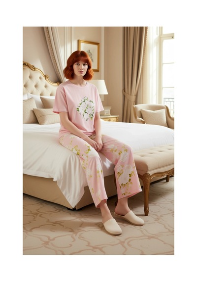 Ersefa Kadın Çiçek Desenli Pamuklu Pijama Takımı Fonksiyonel Dayanıklı K Pembe