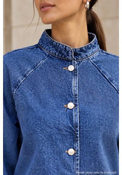 Polo State Kadın Hakim Yaka Raglan Kollu Düğmeli Denim Ceket - Mavi