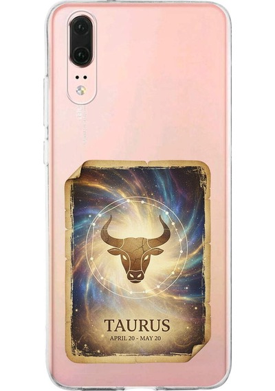 Huawei P20 İle Uyumlu Burç Kartları Boğa Tasarımlı Şeffaf Silikon Kılıf Şeffaf