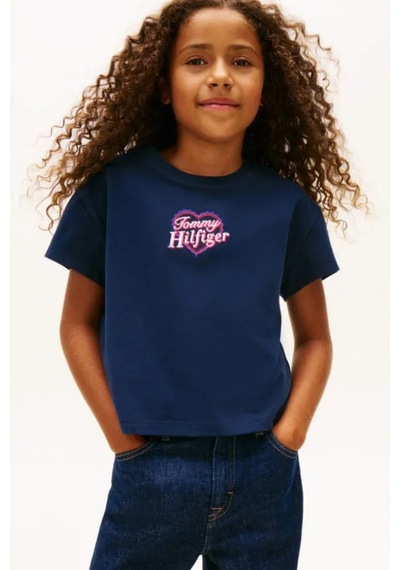 Kız Çocuk Pamuklu Kalp Nakışlı T-shirt - Lacivert Çok Renkli