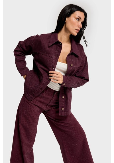 Kadın Bordo Renk T-6w5-122 Oversize Parlak Taşlı Özel Tasarım Denim Ceket