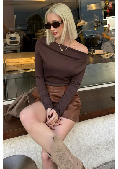 Seeh Kahverengi Kadın Off Shoulder Uzun Kollu Bluz Sh327
