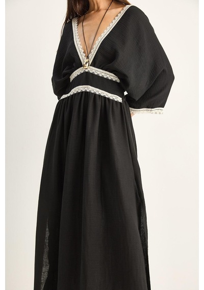 Shade Kadın Dantel Detaylı V Yaka Beli Oturtmalı Yırtmaçlı Müslin Maxi Elbise 6019 60286185 - Siyah