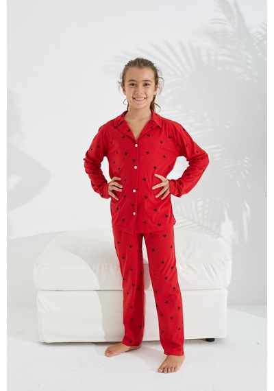 Siyah İnci Kırmızı Pamuklu Düğmeli Pijama Takımı