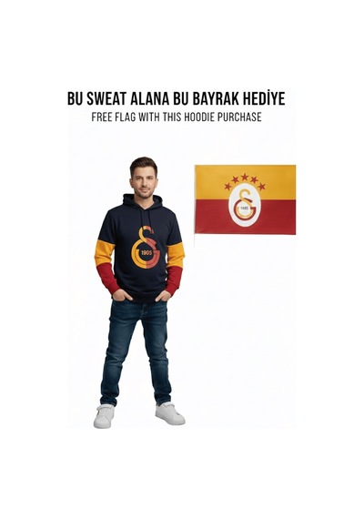 Galatasaray Lisanslı Logo Siyah Yetişkin Kapüşonlu Bayrak Sweat Kırmızı - Siyah