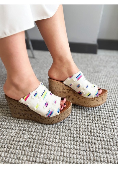Asmi Shoes Kadın Limo Beyaz Kot Dolgulu Mantar Taban Terlik 10 Cm Beyaz