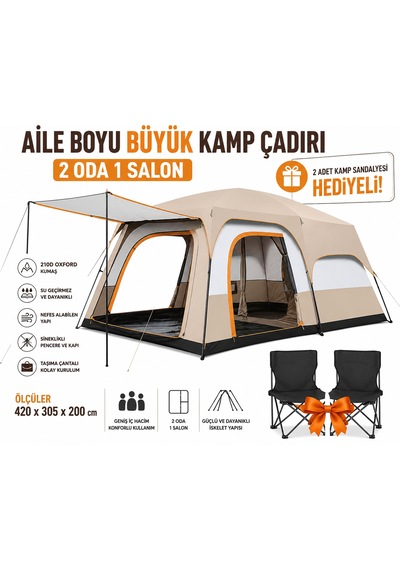 Aile Boyu Büyük Kamp Çadırı 2 Oda 1 Salon + 2 Kamp Sandalyesi Hediyeli 420 X 305 X 200 Cm Çok Renkli