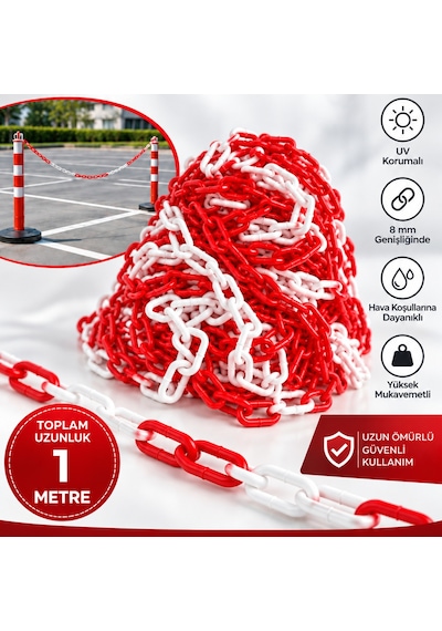 8 Mm Ekonomik İkaz Ürünü Plastik Kırmızı Beyaz 1 Metre Güvenlik Ve Bariyer Zinciri