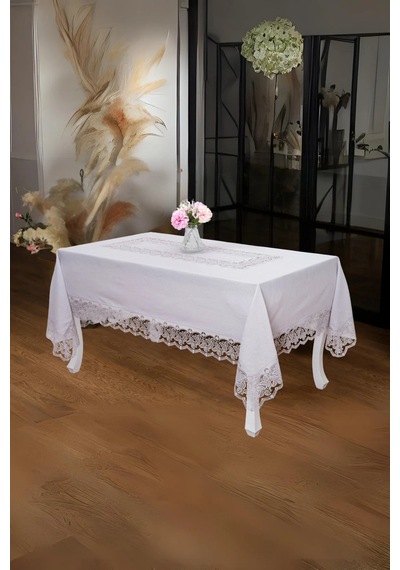 Beril Lüx Dantelli Keten Kumaş Gri Masa Örtüsü 160x230 Cm - 1122 Çok Renkli