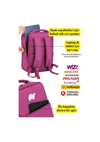 Jet Turtle Seyahat Sırt Çantası 40cm 40x25x15 Cm Pegasus, Wizz Air, Ryanair, El Valizi Koltuk Altı Valizi Koyu Pembe