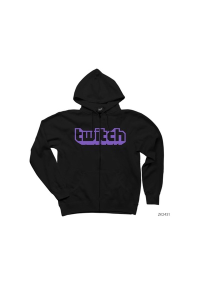 Twitch Logo 2 Siyah Fermuarlı Kapşonlu Sweatshirt