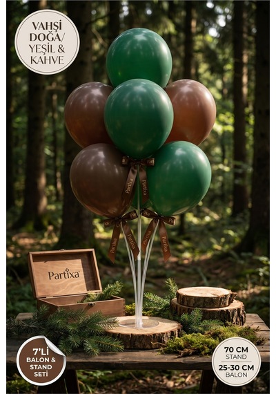 Orman Yeşili Kahve Balon Standı Seti 70 Cm Masa Standı 7 Adet Lateks Balon Vahşi Doğa Çok Renkli