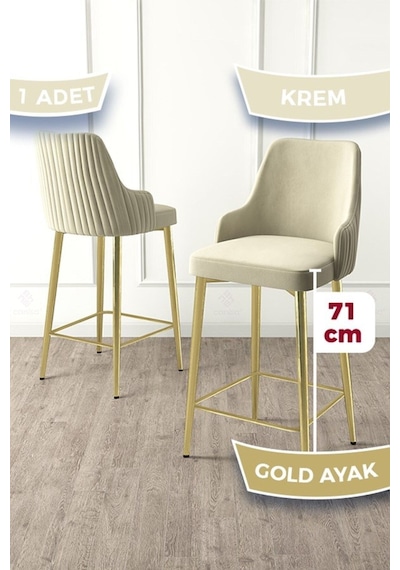 Canisa Enox Serisi 1 Adet Krem Mutfak Bar Sandalyesi Babyface Kumaş Gold Kaplama Metal Ayak Bej