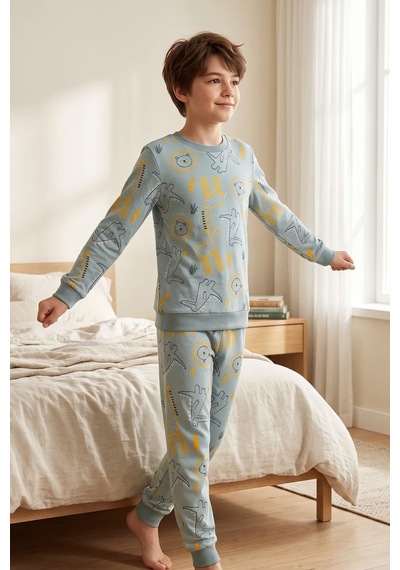 Zuzunga Erkek Çocuk Dinozor Ve Safari Hayvanları Desenli Uzun Kollu Alt Üst Pijama Takımı Açık Yeşil Zuzunga Erkek Çocuk Dinozor Ve Safari Hayvanları Desenli Uzun Kollu Alt Üst Pijama Takımı Açık Yeşil