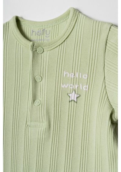 Hafy Baby Hello World İşlemeli, Kısa Kollu, Yazlık Bebek Tulumu Yeşil