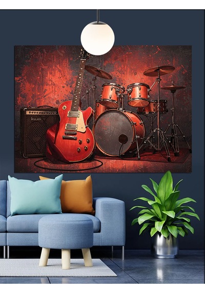 Davul Gitar Müzik Aletleri Dekoratif Kanvas - Mdf Ahşap Tablo
