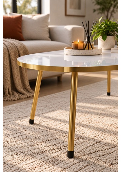Sulorahome Gold Metal Oval Orta Sehpa Beyaz Altın - Beyaz
