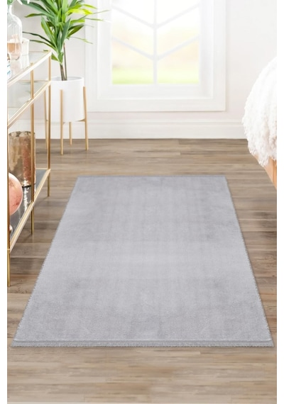Comfort Oval Overloklu Peluş Halı Gri Gri Düz Saçaklı