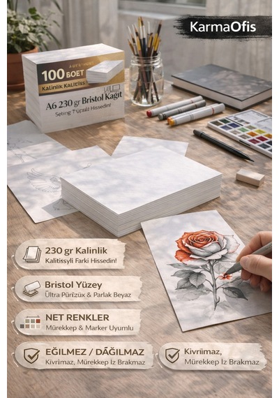 A6 230 Gr Bristol Kağıt 100 Adet Kalın, Pürüzsüz, Marker & Teknik Çizim Uyumlu