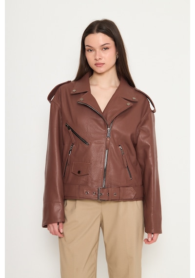 M M Marki Marki Kadın Hakiki Jumbo Deri Ceket Biker Tarz, Kemerli, Oversize, Apoletli, 65 Cm, Kahverengi - 116622x