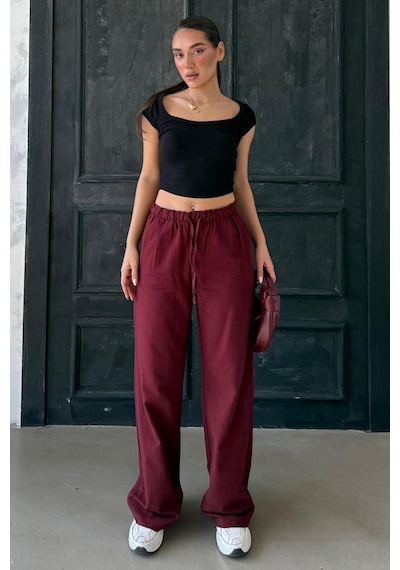 Madmext Bordo Beli Büzgülü Wide Leg Kumaş Pantolon Mg1950 Bordo