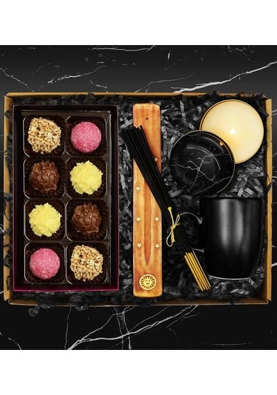 Özel Tasarım Mum & Truffle Çikolata Kutusu & Tütsü Seti & Siyah Kupa Hediye Seti