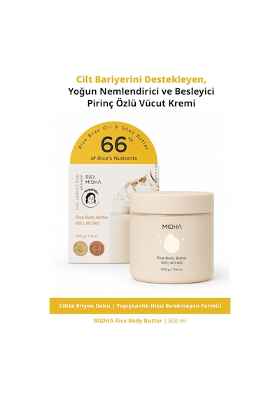 Mıdha Rice Body Butter Cilt Bariyeri Desteği ve Yoğun Nem Sunan Pirinç Özlü Vücut Kremi 500 ML
