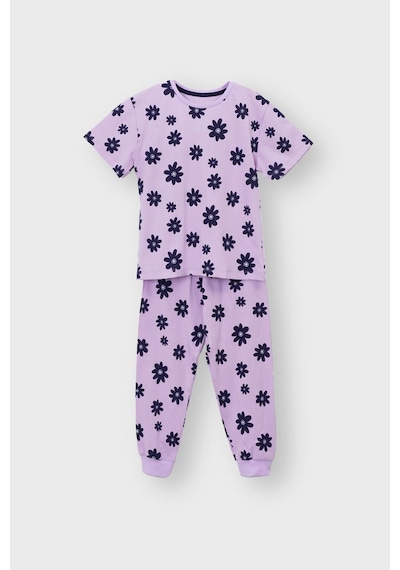 Zuzunga Mor Papatya Desenli T-shirt-şort Kız Çocuk Pijama Takımı Lila