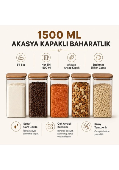 5'li 1500 Ml Akasya Kapaklı Cam Saklama Kavanozu Seti, Silikon Contalı Dikdörtgen Erzak Ve Baharat Kabı, Bakliyat Ma Genel