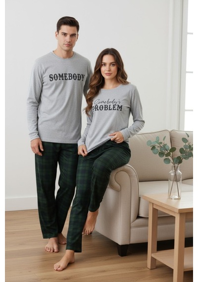 Bella Notte Erkek Yeşil Ekoseli Baskılı Sevgililer Günü Çift Pijama Takımı
