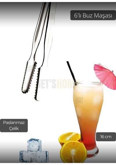 6 Lı Set Buz Maşası Paslanmaz Buz Kaşığı Çelik İnox 16 Cm Gümüş Gri