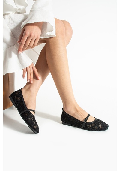 Dabab Shoes Merına Kadın Siyah Düz Babet Dantel Dokuma Çiçek Desenli Tokalı Düz Ayakkabı