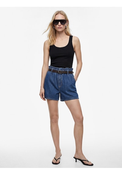 Koton Yüksek Bel Cepli Pamuklu Kemerli Denim Şort Koyu İndigo 6sal40038md