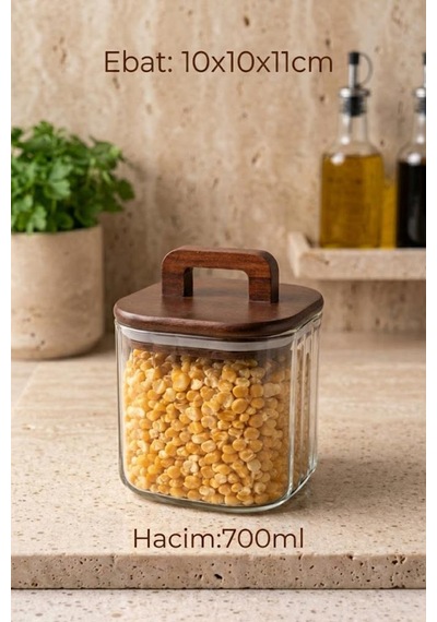 Atbyhome Akasya Saplı Cam Kavanoz 700 Ml - Vakumlu Çizgili Cam Baharatlık Kahve Ve Bakliyat Kabı Kahverengi