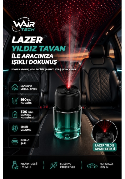 Şarjlı Araç İçi Parfüm Difüzörü Kokulu Hava Nemlendirici Humudifier Yıldız Tavan Lazer Set-1