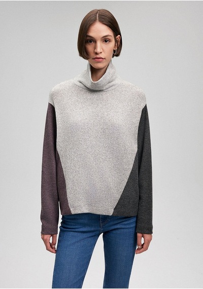 Mavi Dik Yaka Blok Renk Tişört Loose Fit / Bol Rahat Kesim 1612012-83096 Gri-83096