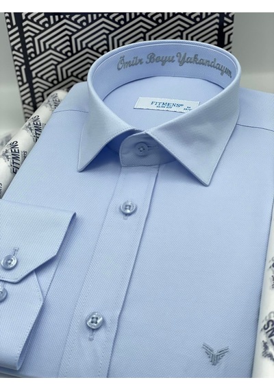 Slim Fit Uzun Kol Ömür Boyu Yakandayım Nakışlı Hediye Kutulu Erkek Gömlek Fs-001376 - Mavi-1786 MAVİ