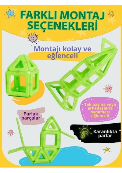 Glow Manyetik Yapı Blokları 26 Parça Karanlıkta Parlayan Eğitici Zeka Oyunu Uzay Seti