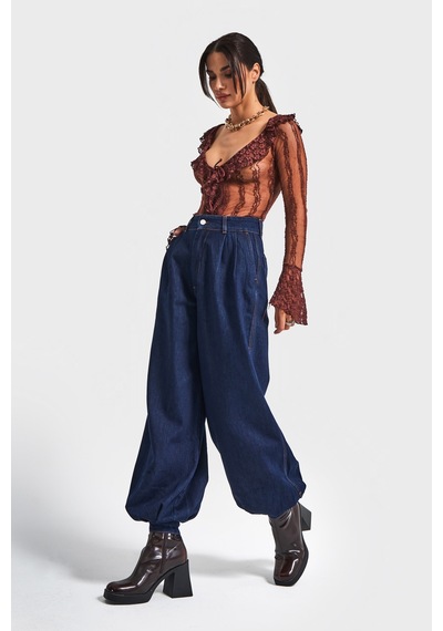 Itsbasic Kadın İndigo Renk 7w5-50 Wide Leg Baggy Fit Paça Detaylı Bol Kesim Tasarım Denim Jean